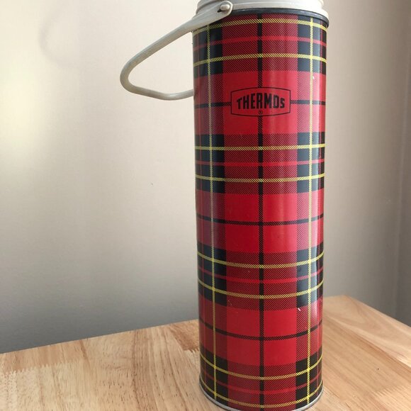 Vintage 1964 Plaid Tartan King Seeley Thermos Bottle QT Size w/ Handle - Made in